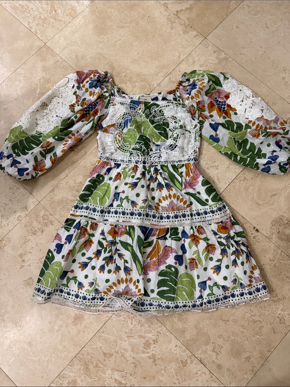 FARM Rio White Floral Lace-Paneled Puff Sleeve Mini Dress size 10